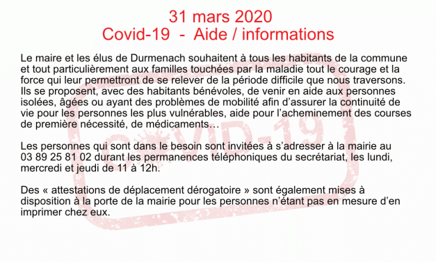 Covid-19 – Informations – 31 mars 2020